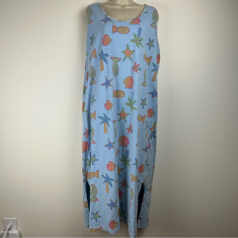 Vintage ICanToo Hawaiian Print Tank Dress sz XL 100% Cotton Beach Vacation Pool